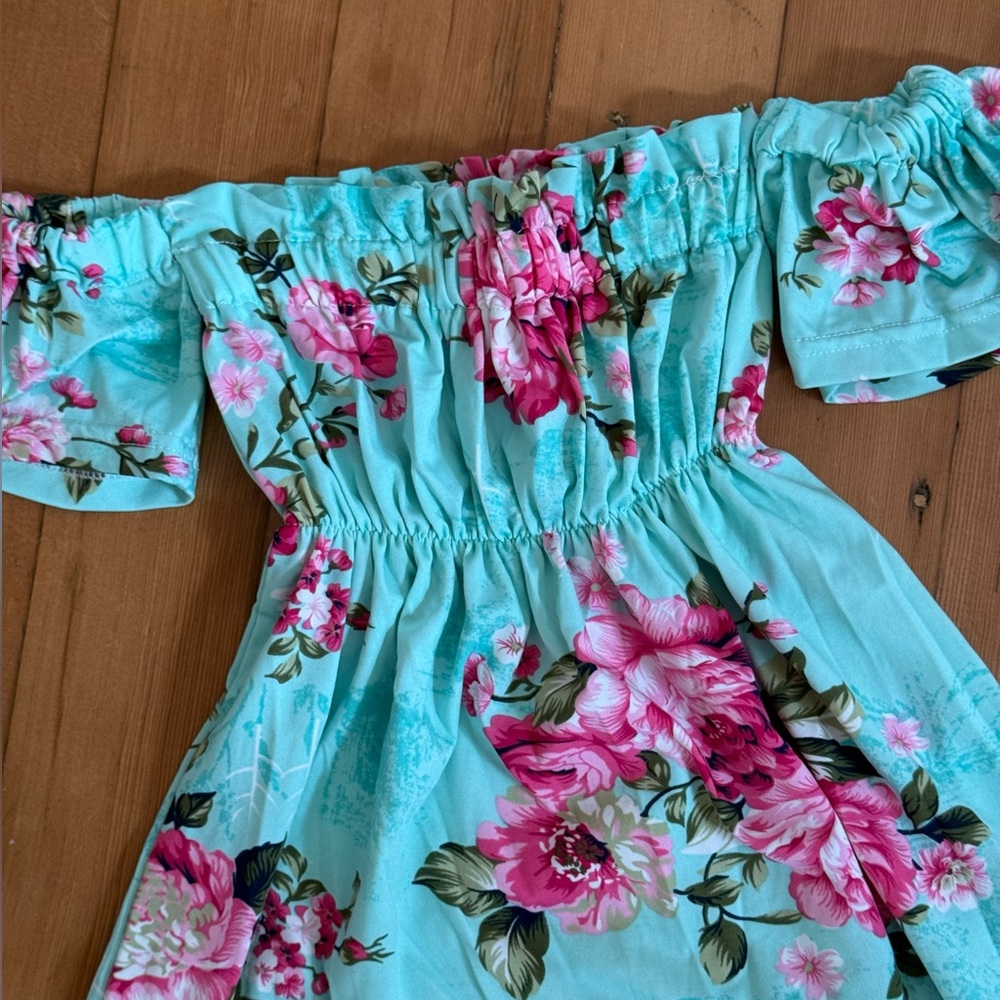 Kids Posh Peanuts Aqua and Pink Floral Off-Shoulder Dress - Picture 3 of 8